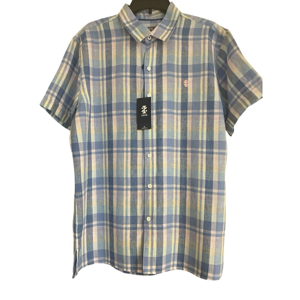 IZOD Men’s Plaid Linen Blend Button Up Short sleeves shirt Casual Vacation SZ L